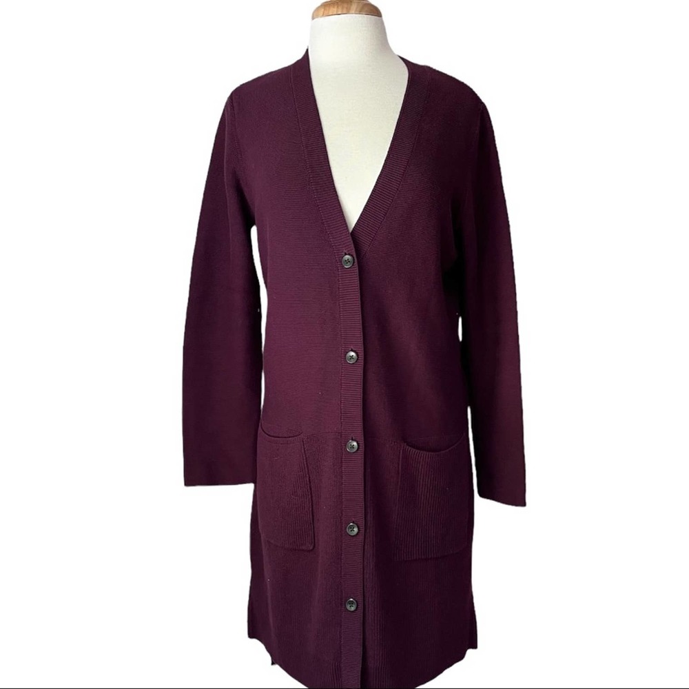 J. JILL Longline Cardigan Sweater Women's Medium Burgundy Red Wine Knit Duster